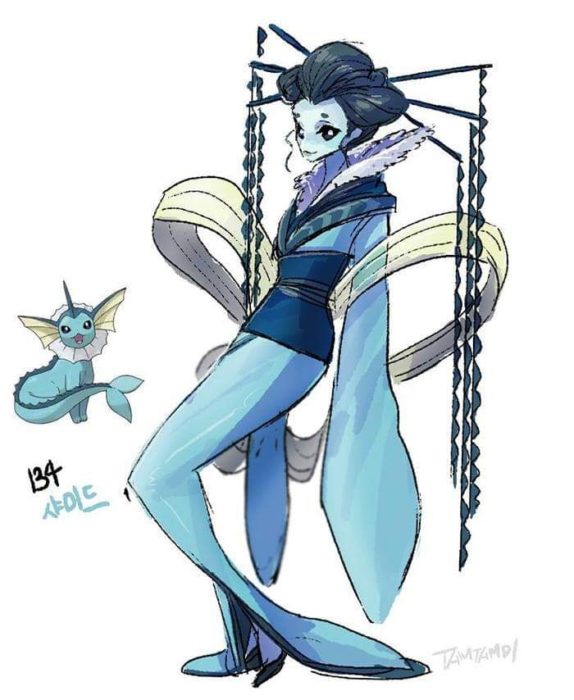 Dibujo de pokémon vaporeon con su versión en persona