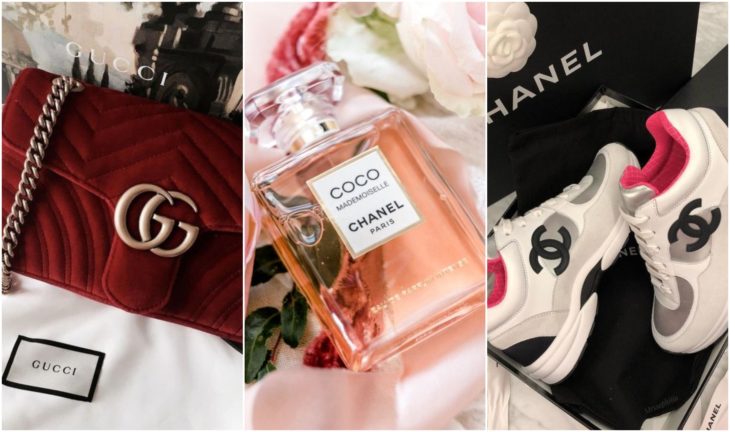 Bolso, perfume y tenis de diseñador Gucci, Coco Chanel