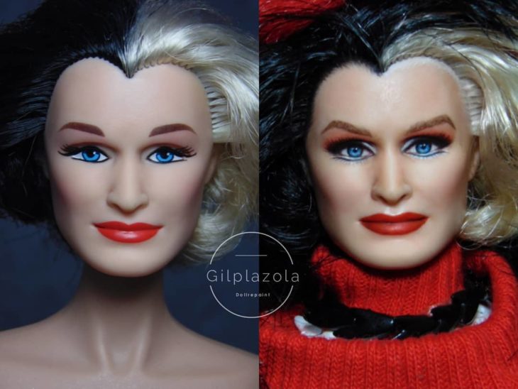 Muñeca tipo Barbie repintada para dar mayor parecido a Cruella de Vil de 101 Dálmatas