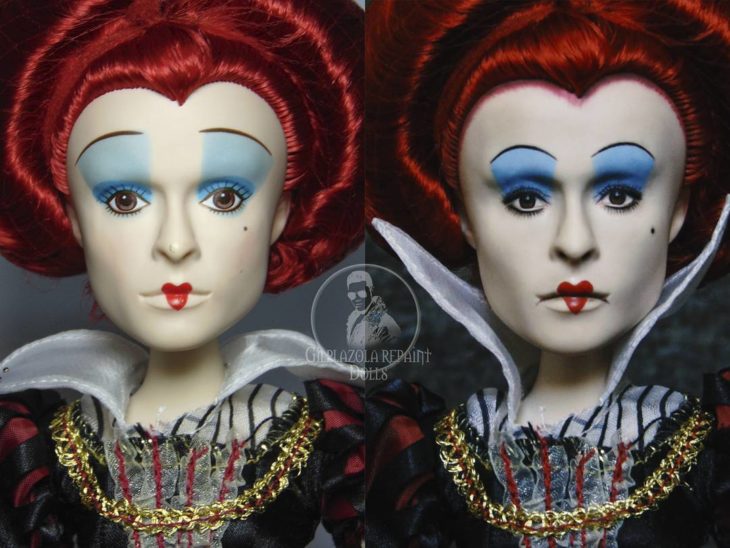 Muñeca tipo Barbie repintada para dar mayor parecido a la Reina de Corazones de Alice in Wonderland