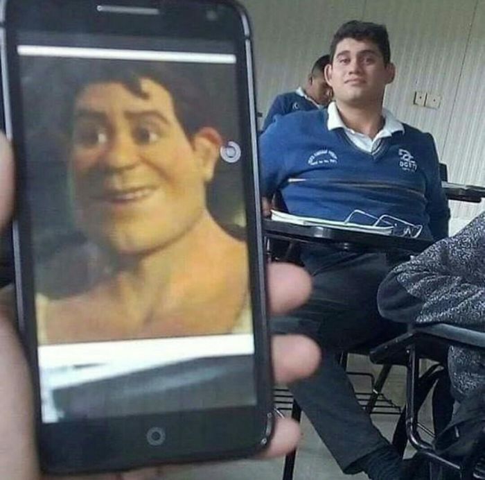 Chico comparando a su compañero con Shrek