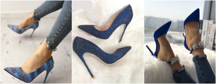 chicas modelando zapatos stilettos en color azul