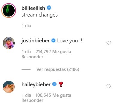 Comentarios de Justin Bieber a Billie Eilish en su cuenta de Instagram
