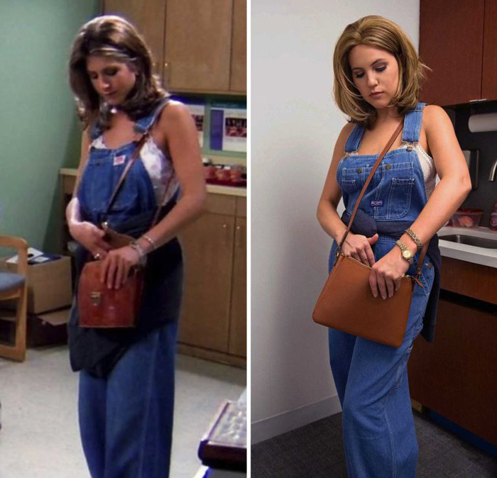 Outfit inspirado en Rachel de Friends usando un overol de mezclilla