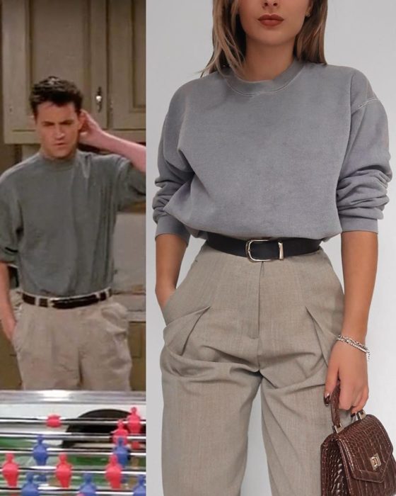 Outfit inspirado en Joey de Friends usando pantalón de vestir y sudadera gris