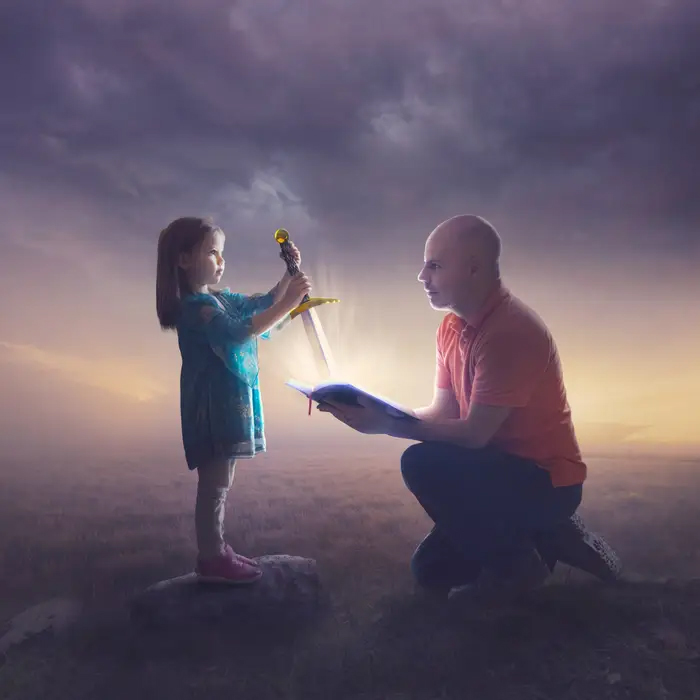 Ilustración digital de Kevin Carden, hombre sosteniendo un libro con niña
