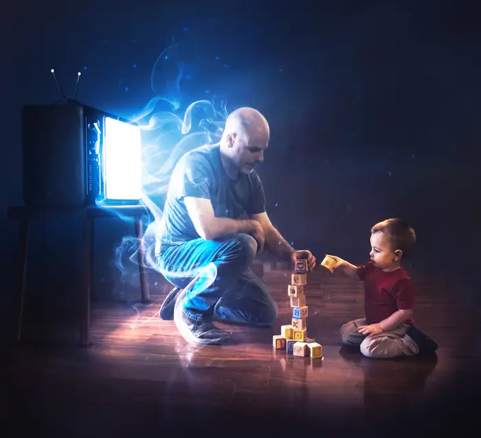 Ilustración digital de Kevin Carden, hombre jugando jenga con su hija