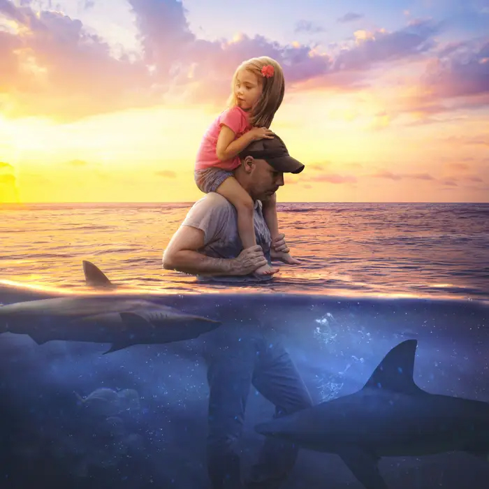 Ilustración digital de Kevin Carden, hombre cargando a su hija en brazos