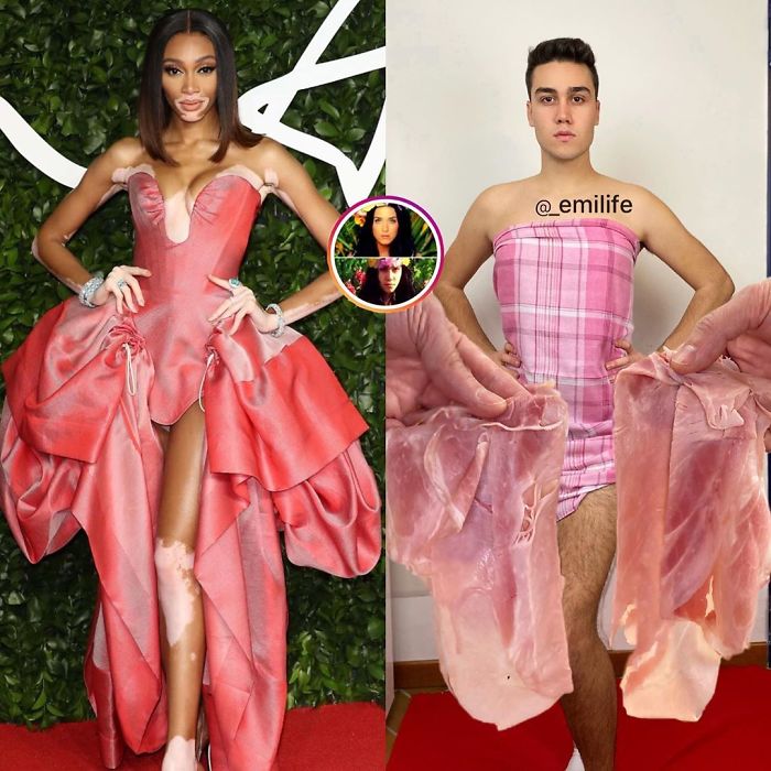  Emanuele Ferrari recreando el outfit de vestido rosa de Winnie Harlow