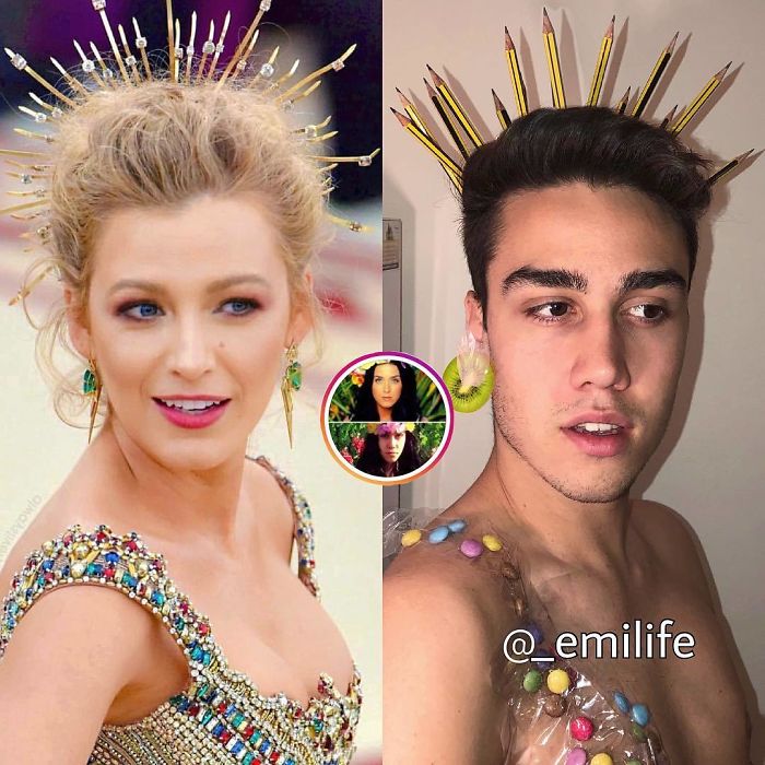  Emanuele Ferrari recreando el outfit de vestido dorado con tiara de Blake Lively