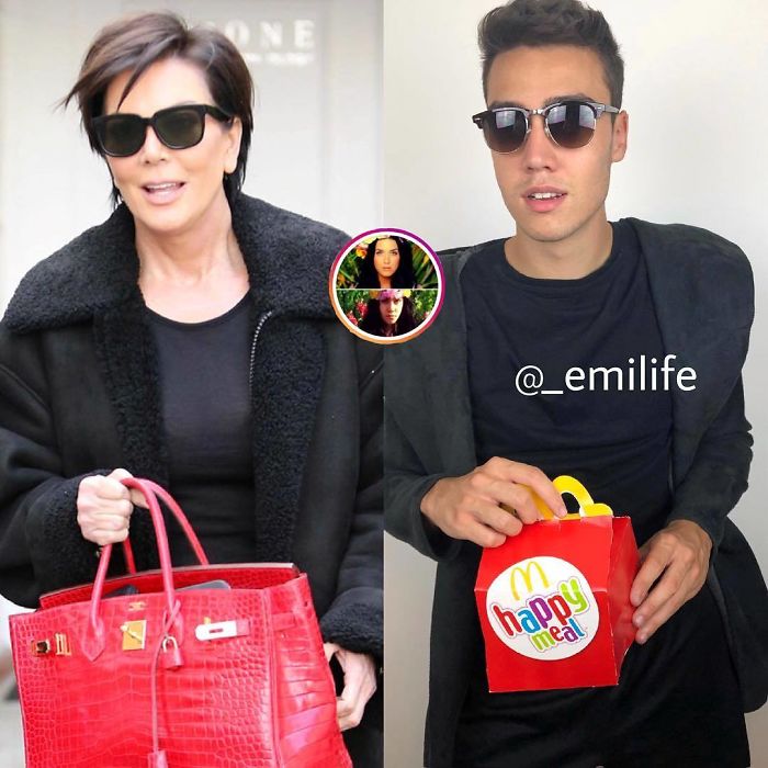  Emanuele Ferrari imitando a Kris Jenner con bolso rojo y saco negro