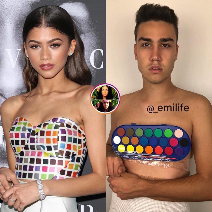  Emanuele Ferrari imitando a Zendaya con vestido a cuadros de colores