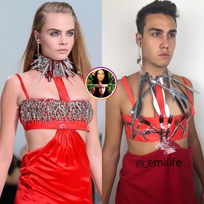  Emanuele Ferrari imitando el vestido rojo de Cara Delevingne en pasarela