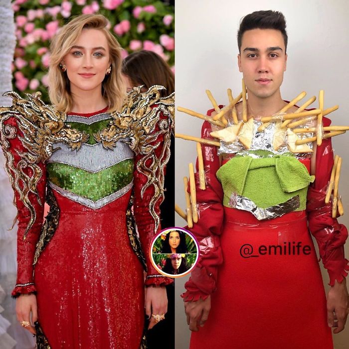 Emanuele Ferrari imitando el vestido rojo con verde de Saoirse Ronan en la entrega de premios de la Academia 