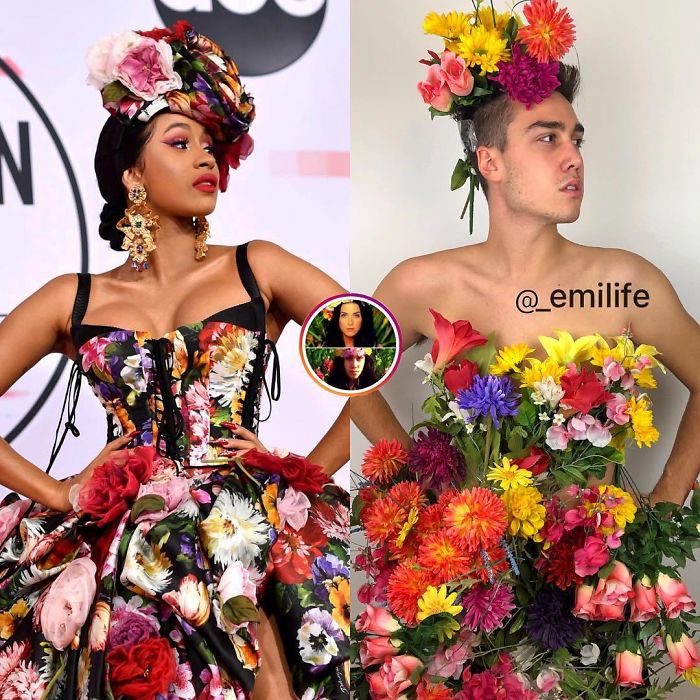  Emanuele Ferrari imitando a Cardi B con un vestido de estampado a flores