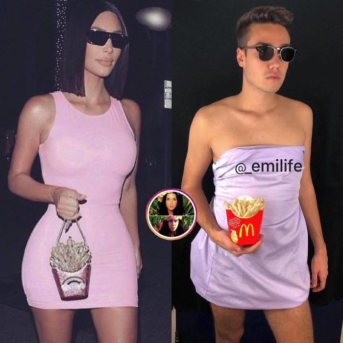  Emanuele Ferrari imitando a Kim Kardashian con un vestido ajustado en tono rosa