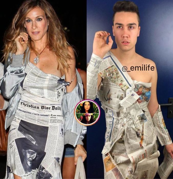  Emanuele Ferrari imitando el outfit de vestido a letras de Sarah Jessica Parker
