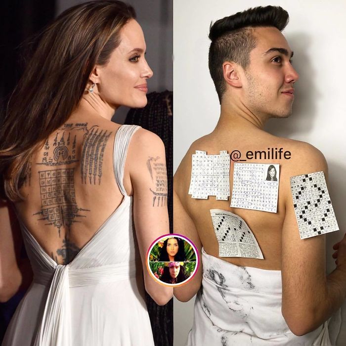  Emanuele Ferrari imitando el outfit de vestido escotado en la espalda de Angelina Jolie