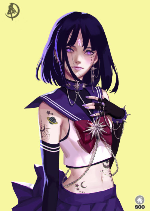 Ilustraciones de Sailor Moon versión rudas creadas por soo_k; Saturno, Hotaru Tomoe, tatuajes de planetas, lunas, estrellas, perforaciones en la oreja