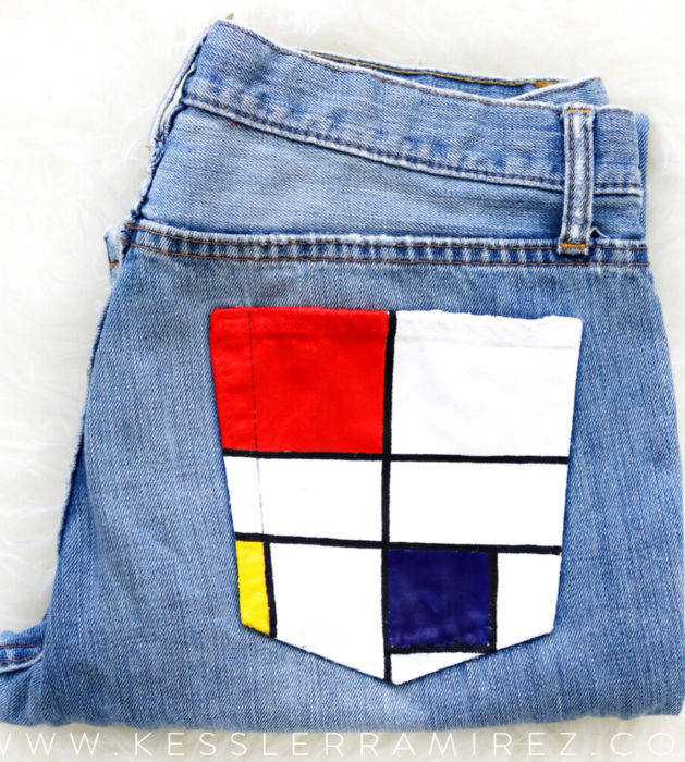 Jeans pintados con obras de arte por Kessler Ramirez; Composición C, Piet Mondrian