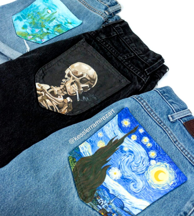 Jeans pintados con obras de arte por Kessler Ramirez; Cabeza de esqueleto con cigarro, La noche estrellada, Vincent Van Gogh, Nenúfares, Claude Monet
