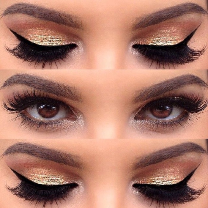 Maquillaje de sombra dorada metálica con delineado negro