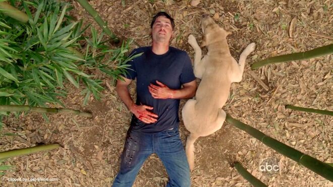 Jack Shepard de Lost recostado en el suelo de la isla, serie Lost