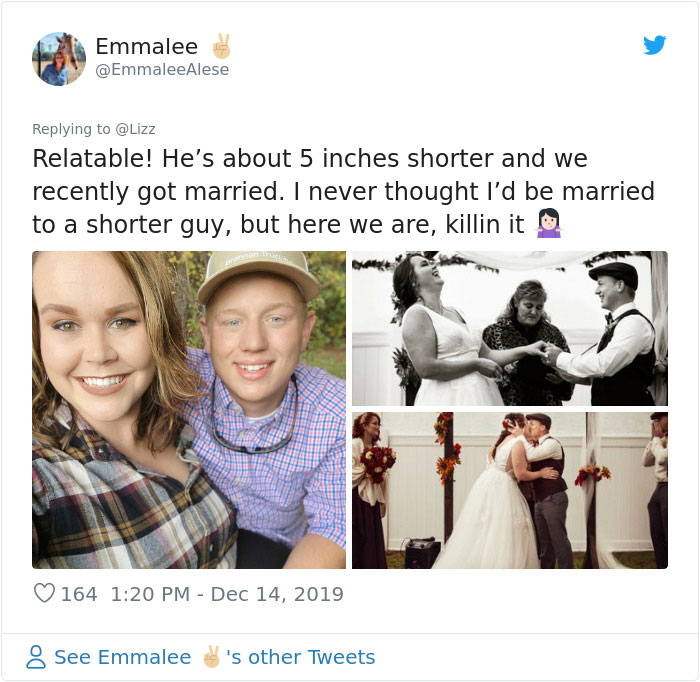 Comentario en Twitter sobre mujer que se casó con un chico más bajo que ella