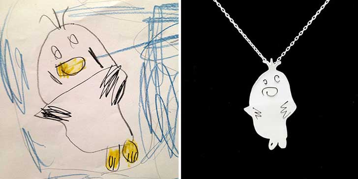 Dibujo de patito con garabatos hecho collar de plata