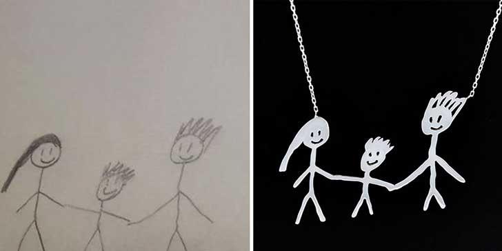 Dibujo de familia hecho con palitos hecho collar