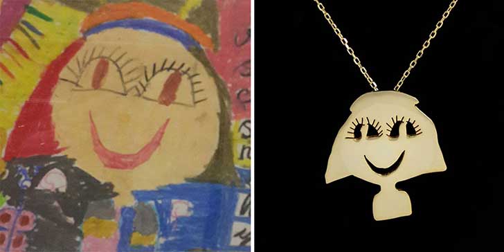 Dibujo de niña con garabatos hecho joyería