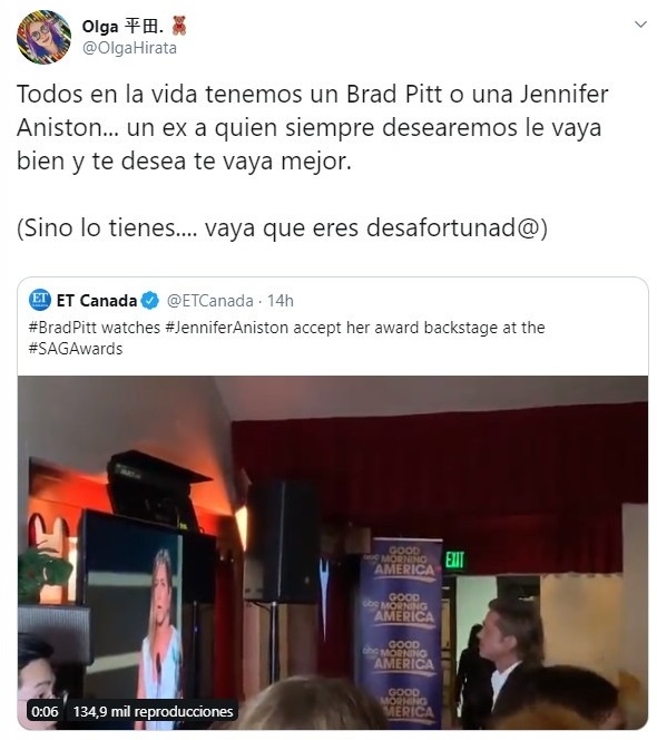 Tuit sobre el reencuentro de Brad Pitt y Jennifer Aniston