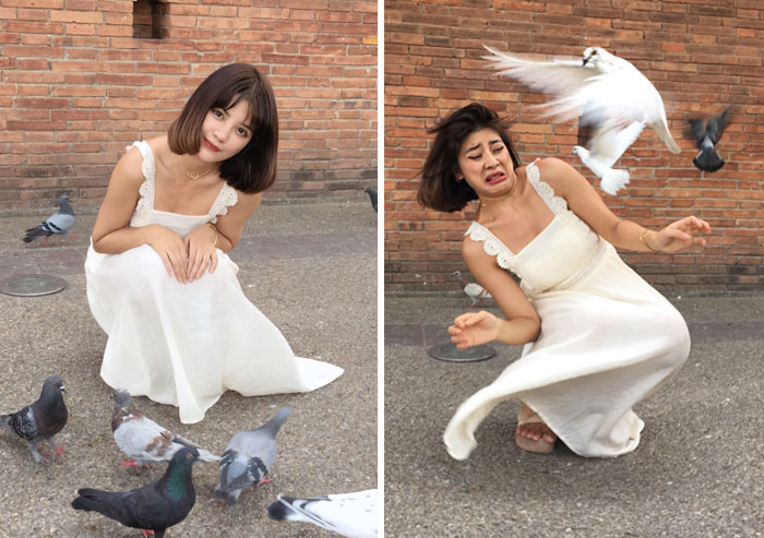 Chica frente a un grupo de palomas blancas realidad detrás fotos instagram
