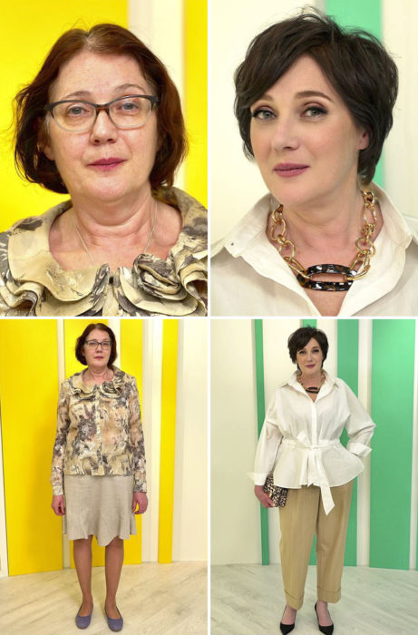 Mujer con cabello corto y ropa casual, antes y después de un cambio de look por el estilista Alexandr Rogov