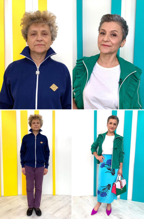 Mujer adulta con deportivos a cuadros y sudadera azul marino antes y después de un cambio de look por el estilista Alexandr Rogov