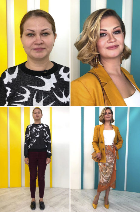 Mujer con suéter de palomas blancas antes y después de un cambio de look por el estilista Alexandr Rogov