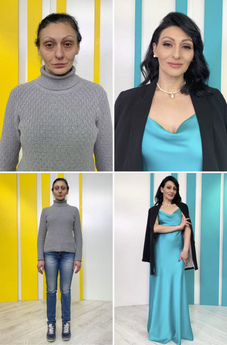 Mujer con suéter gris y jeans azules antes y después de un cambio de look por el estilista Alexandr Rogov