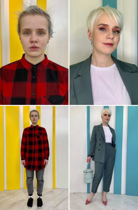 Chica con camisa a cuadros y leggings antes y después de un cambio de look por el estilista Alexandr Rogov