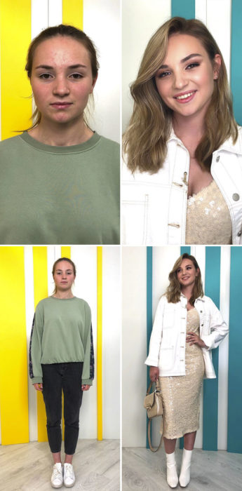 Mujer con suéter verde olivo y leggings negros antes y después de un cambio de look por el estilista Alexandr Rogov