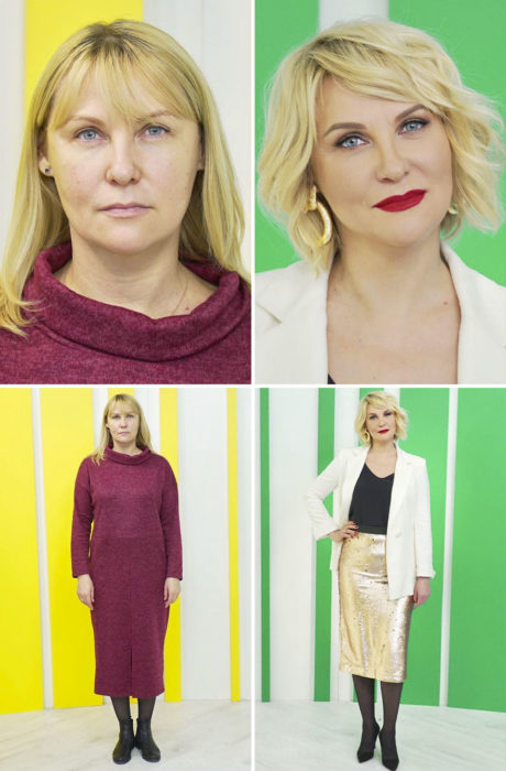 Mujer con vestido color vino sin forma, antes y después de un cambio de look por el estilista Alexandr Rogov