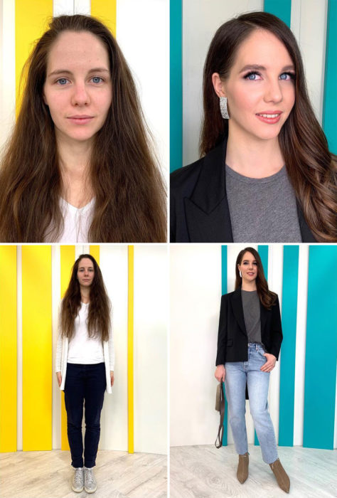 Mujer con blusa blanca y jeans negros antes y después de un cambio de look por el estilista Alexandr Rogov