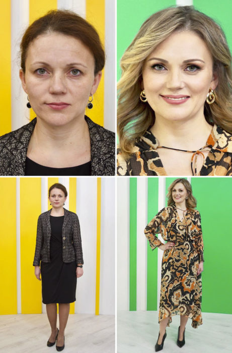 Mujer con vestido negro y saco gris antes y después de un cambio de look por el estilista Alexandr Rogov