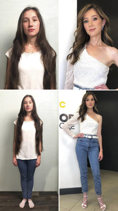 Chica con cabello extralargo, camisa blanca y jeans antes y después de un cambio de look por el estilista Alexandr Rogov