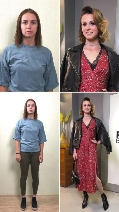 Mujer con camisa azul cielo y jeans verdes antes y después de un cambio de look por el estilista Alexandr Rogov