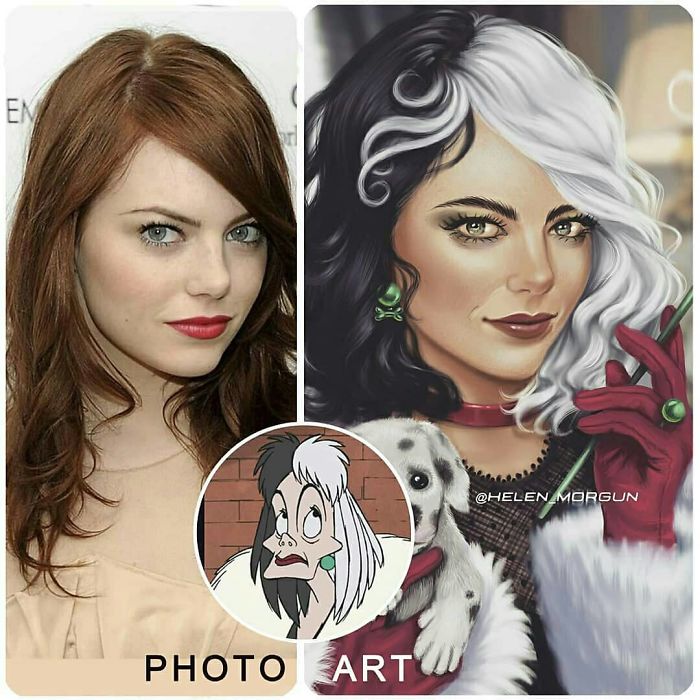 Emma Stone como Cruella de Vil ilustrada por Helen Morgun