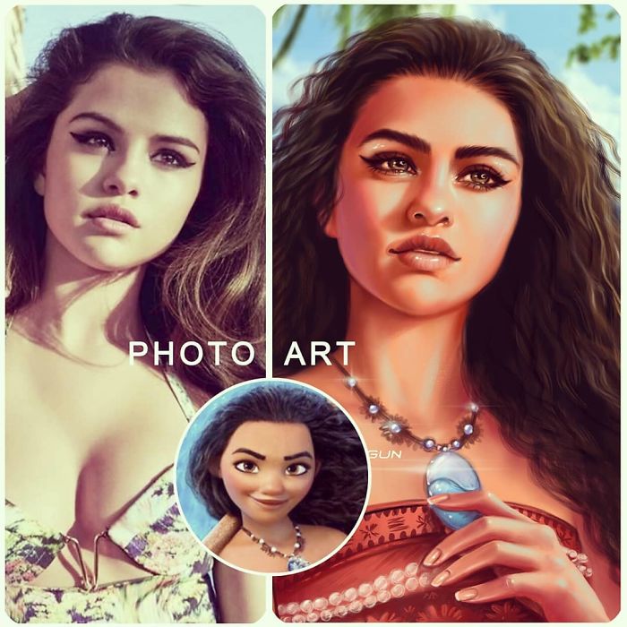 Selena Gomez como Moana ilustrada por Helen Morgun
