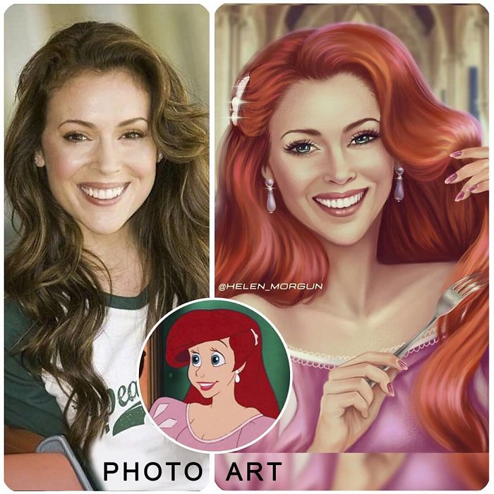 Alyssa Milano como Ariel ilustrada por Helen Morgun