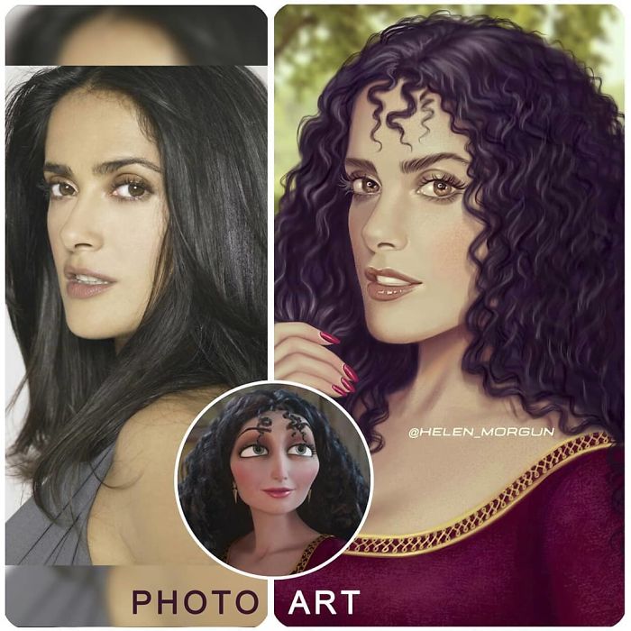 Salma Hayek como Madre Gothel ilustrada por Helen Morgun