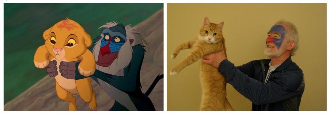 Señor sosteniendo a un gato y recreando una escena de El rey León