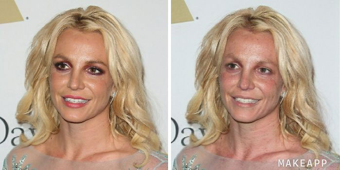 Britney Spears antes y después de usar MakeApp y eliminar el maquillaje